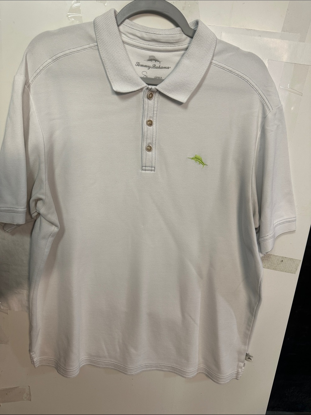 Tommy Bahama White Polo with Lime Marlin Embroidery great condition size Large